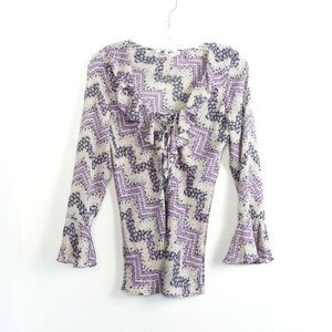 Abstract lilac print ruffle top chiffon blouse romantic boho flutter 70s retro